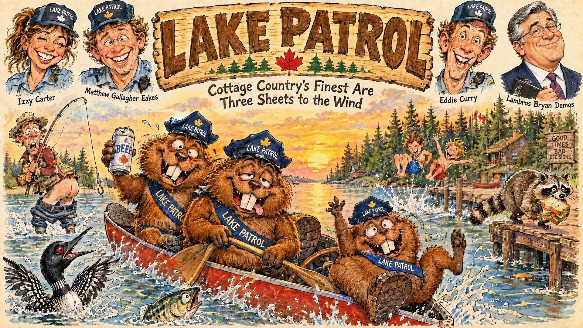 Wide illustrated Lake Patrol scene featuring characters around a cottage-country lake