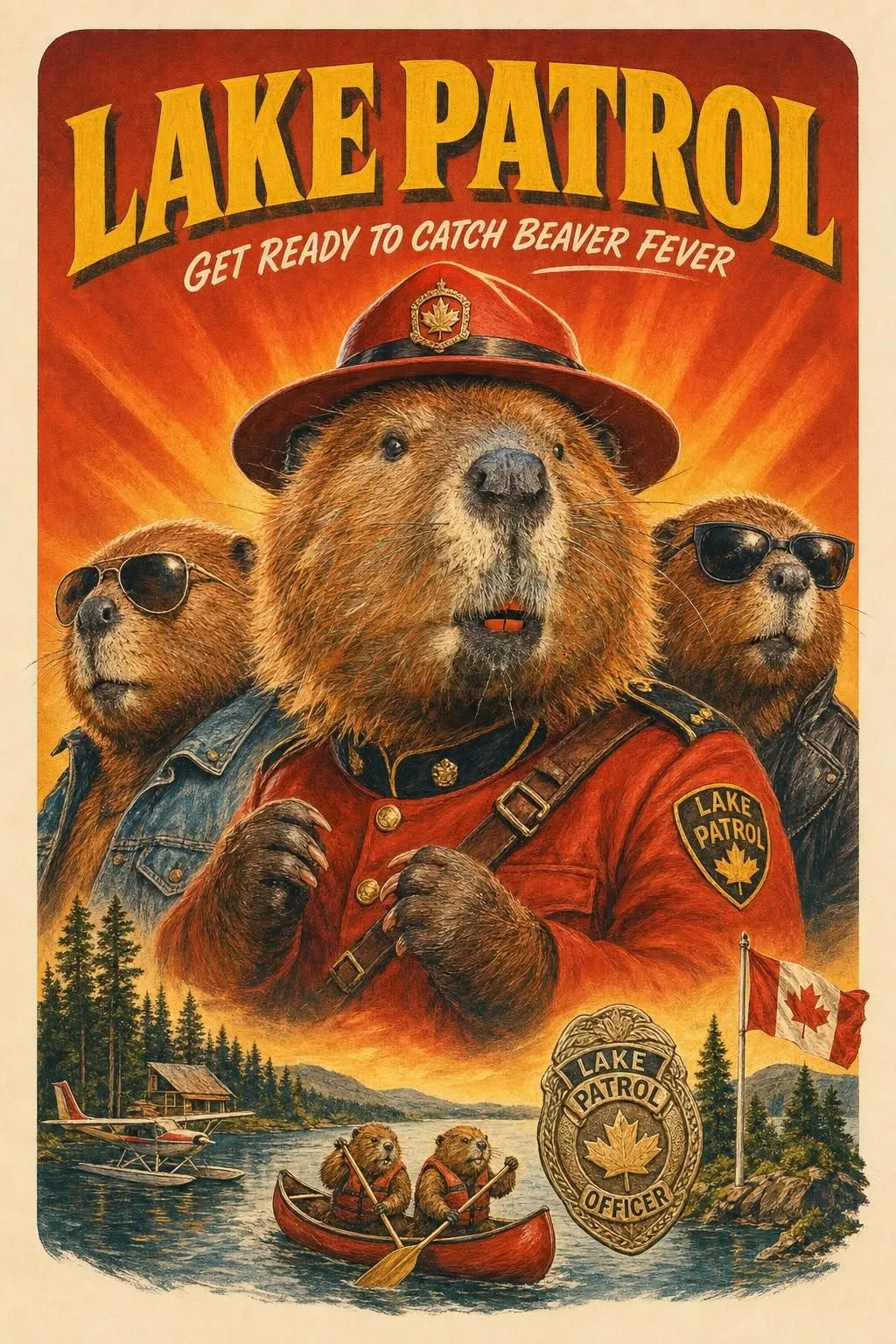 Lake Patrol illustrated poster with three beavers dressed as lake-patrol officers